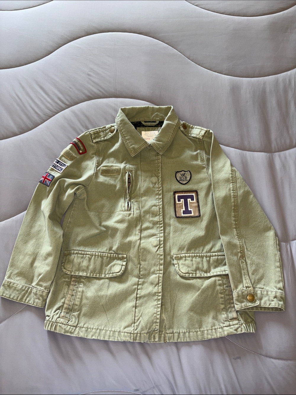 Zara Girls Olive Green Utility Jacket with Patch Detail EUC 7/8
